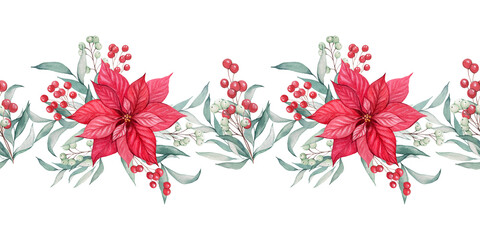 Watercolor Christmas seamless border with poinsettia flower. Red flower Christmas star with berries and leaves Festive Christmas and New Year decor for design and decoration.