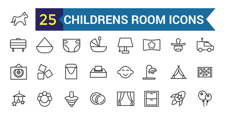 Childrens room icons set. Outline set of childrens room vector icons for ui design. Outline icon collection. Editable stroke.