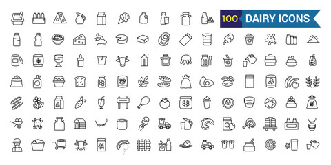 Dairy icons set. Outline set of dairy vector icons for ui design. Outline icon collection. Editable stroke.