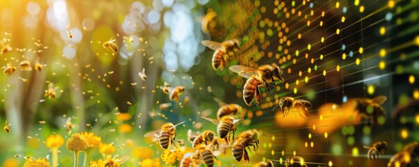 Bees in a monitored hive with data overlays showing honey production and health stats, merging technology with beekeeping, food biotechnology, sustainable agriculture