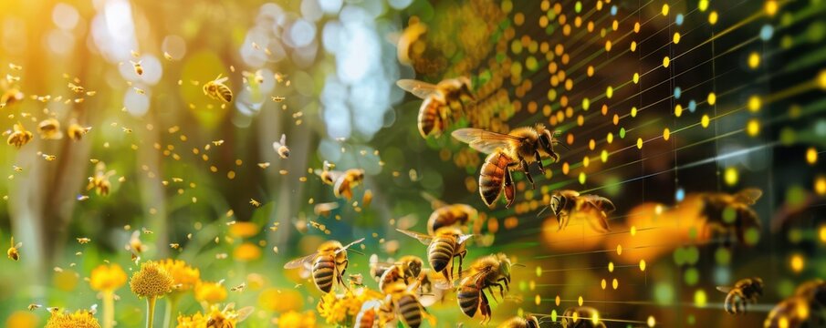 Bees in a monitored hive with data overlays showing honey production and health stats, merging technology with beekeeping, food biotechnology, sustainable agriculture - Powered by Adobe
