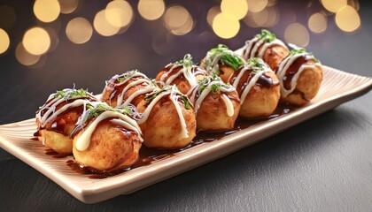 Takoyaki - Japanese Cuisine and Street Food - Octopus Dough Balls - Grilled Takoyaki presented in a Tasteful way with Mayonaise, Green Onions and Worcester Sauce