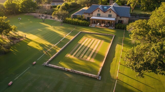Elegant ranch with a backyard cricket pitch, complete with boundary markers and a small pavilion for spectators
