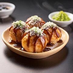 Takoyaki - Japanese Cuisine and Street Food - Octopus Dough Balls - Grilled Takoyaki presented in a Tasteful way with Mayonaise, Green Onions and Worcester Sauce