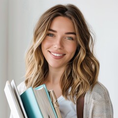 A young woman with brown hair holding books,standing in a bright hallway with a confident expression.