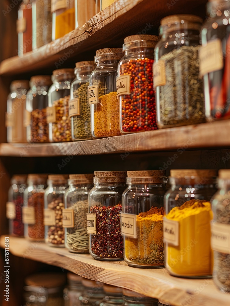 Poster rows of glass jars filled with various spices neatly organized on a wooden shelf. labels on the jars