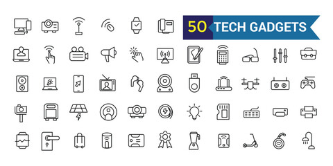 Tech gadgets line icon set. Outline icon collection. Editable vector stroke.