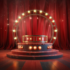 Circus stage podium background 3D carnival light red show curtain. Generative Ai