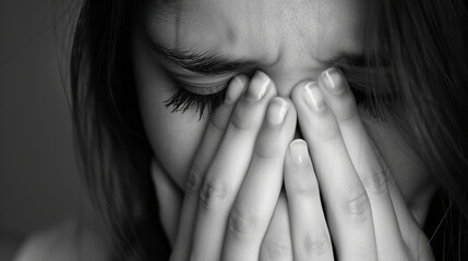 Black And White Close-up Photo Of An Emotional Woman Covering Her Face With Both Hands, Crying And With Tears In Her Eyes
