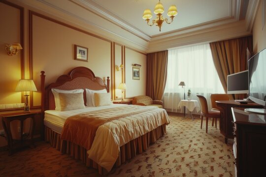 A typical hotel room setup with a bed, desk, and TV