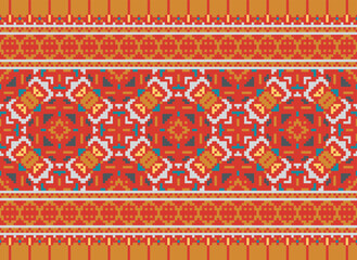 Traditional ethnic motifs ikat geometric fabric pattern cross stitch.Ikat embroidery Ethnic oriental Pixel brown background. Abstract,vector,illustration.