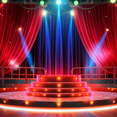 Circus stage podium background 3D carnival light red show curtain. Generative Ai