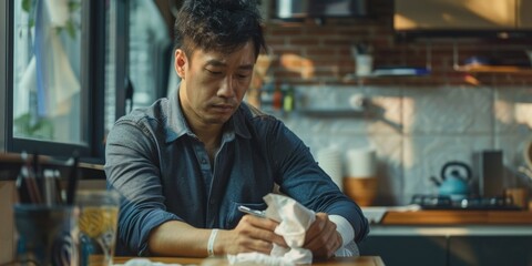 A person sitting at a table holding a napkin, possibly preparing to eat or clean up