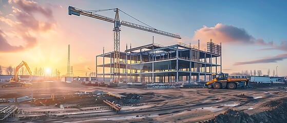 industrial construction site at sunset with exposed steel beams