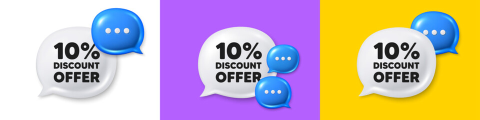 Chat speech bubble 3d icons. 10 percent discount tag. Sale offer price sign. Special offer symbol. Discount chat text box. Speech bubble banner. Offer box balloon. Vector