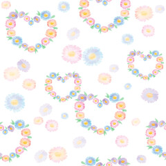 Seamless romantic gentle raster pattern of hearts of flowers of different colors, leaves in a watercolor style on a white background for cards for Valentine's Day, wedding, wallpaper, textiles, dishes