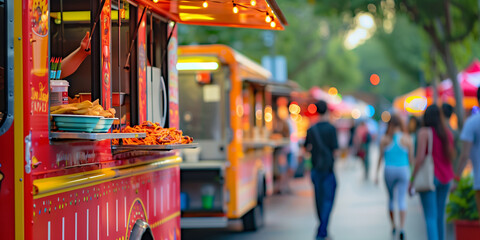 Colorful food truck illuminated by string lights at night. Selling snacks and drinks at music festival. Catering at city fair.