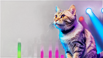 The image depicts a cat with headphones standing behind a DJ mixing console against a purple and white gradient background, creating a comical and surreal portrayal of a cat as a DJ. 