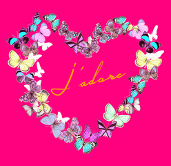 mixed flowers and buttery shaped as a heart 