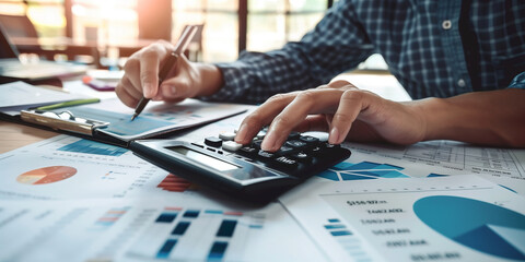 Person using a scientific calculator on a wooden desk, with the focus on the fingers pressing the buttons. Man planning budget, counting bills or taxes, online banking services.