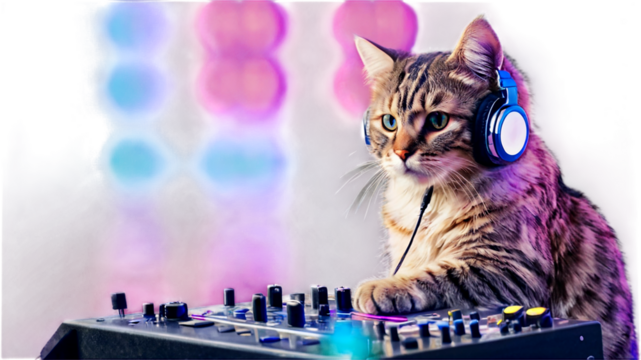 The image depicts a cat with headphones standing behind a DJ mixing console against a purple and white gradient background, creating a comical and surreal portrayal of a cat as a DJ. 