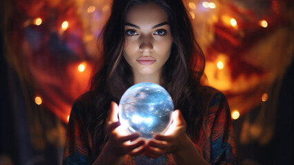 A Young Brunette Woman Holding a Crystal Ball