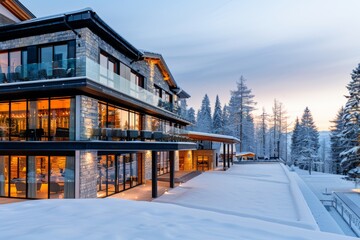 Fototapeta premium Stunning alpine resort with a sleek design, featuring large windows and stone accents. Surrounded by a snowy forest