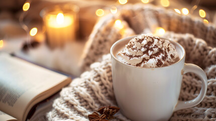 a steaming mug of hot chocolate, topped with whipped cream and a sprinkle of cocoa powder, placed on a cozy knitted blanket with a book and a candle nearby