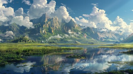 Naklejka premium Beautiful landscape with mountains reflecting in the water of a lake