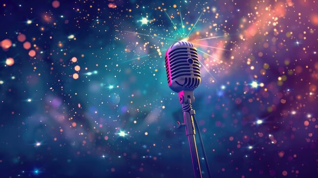 Singing competition with microphone and starry background