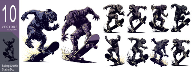 Fototapeta premium A lively graphic pattern with a skateboarding bulldog, ideal for trendy t-shirt designs. This vector pack offers fun and unique anthropomorphic dog designs for stylish apparel.