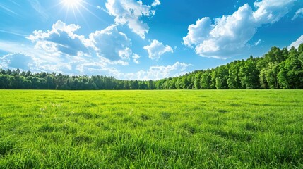 Obraz premium green grass meadow with tree on border and blue sky nature landscape 
