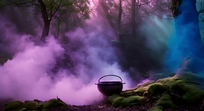 Thick, swirling smoke rises from a mysterious, ancient cauldron in a dark, enchanted forest. The smoke glows faintly with magical colors&mdash;purple, green, and blue&mdash;casting eerie shadows on the twisted 