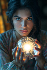 Fortune teller predicting the future with a clairvoyant crystal ball. Mysterious psychic woman looking at glowing magical glass sphere.