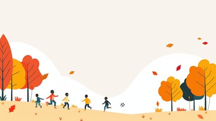 Autumn soccer match, kids playing in park, flat design illustration