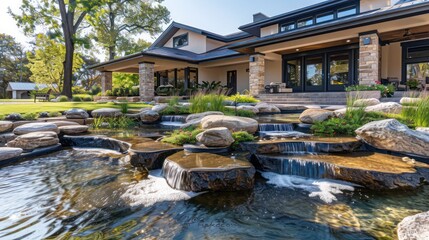 Elegant ranch with a front yard water feature that includes a series of small ponds connected by streams