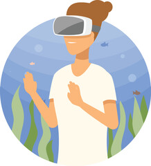 Woman is wearing vr headset and exploring underwater world, virtual reality travel concept