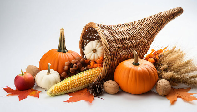 thanksgiving cornucopia autumn vegetables pumpkins fall decor white background