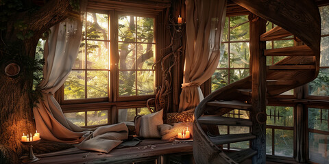 Cozy living room nestled among the branches in treehouse. Sofa with pillows, staircase, big windows with woodland view on sunny day. Natural interior of enchanted forest tree house.