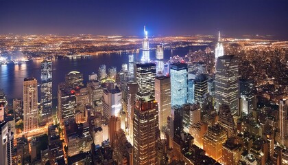 Fototapeta premium Ikonisches Reiseziel und Touristenattraktion mit erleuchteten Bürogebäuden in Manhattan und Brooklyn bei Nacht. Nachtleben in New York City