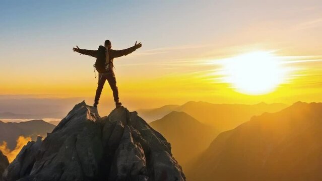 Hiker Man Standing on Top of Mountain Peak Summit at Sunset Golden Hour Conquering Fears Anxiety Stress Victory Success Concept
