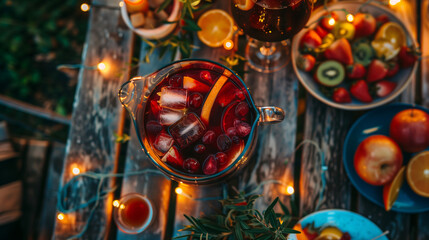a pitcher of sangria, filled with fresh fruit slices and ice, placed on a festive outdoor table with fairy lights and a bowl of tapas