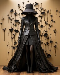 A woman wearing a onepiece garment in black, with a matching hat, is surrounded by birds, showcasing a creative arts inspired fashion design