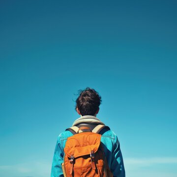 A serene image of a student with a backpack staring at the clear blue sky with wispy clouds.