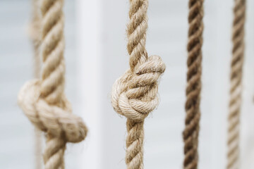 A close-up photo of a rope tied with a knot, against a white background