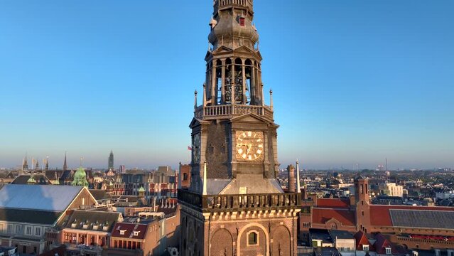 Oude Kerk Aerial morning View. Top shot of the texture of roof of Old church in Amsterdam, the Netherlands.