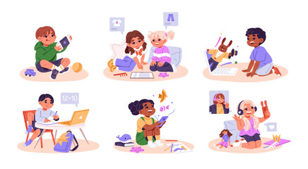 Cute children using gadgets set. Happy kids communicate, play with smartphone. Funny boys and girls study, watching cartoons with laptop, phone. Flat isolated vector illustrations on white background