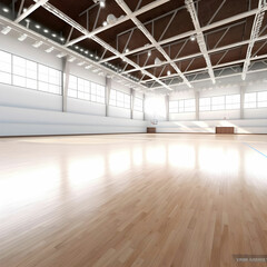 Sport indoor arena with volleyball ball on the wooden floor as widescreen background Digital 3D illustration of sport building interior