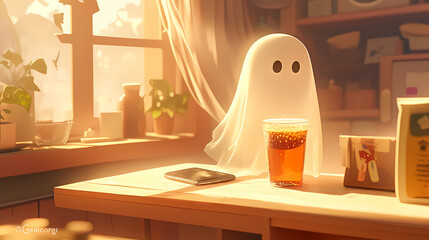 Halloween creature, a cute ghost sits at a table, in warm sunlight. The simple interior has a cartoon style with high resolution