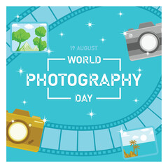 Obraz premium Celebrating World Photography Day, August 19. Camera, photo, and cliche photography elements. World Photography Day concept. Flat vector illustration.